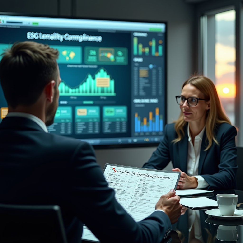 Professionisti finanziari che esaminano documenti di conformità ESG in un ufficio moderno con schermi digitali che mostrano metriche di sostenibilità e framework normativi