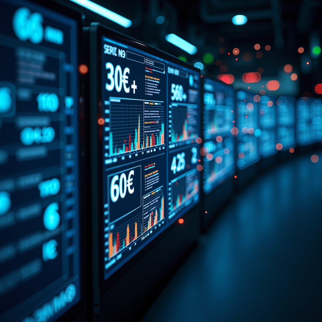 Infrastruttura tecnologica finanziaria moderna che mostra server di elaborazione pagamenti, reti di connessione digitale tra diverse banche europee, schermi con grafici di transazioni in tempo reale e simboli di valute europee interconnesse attraverso linee luminose che rappresentano i flussi di pagamento SEPA