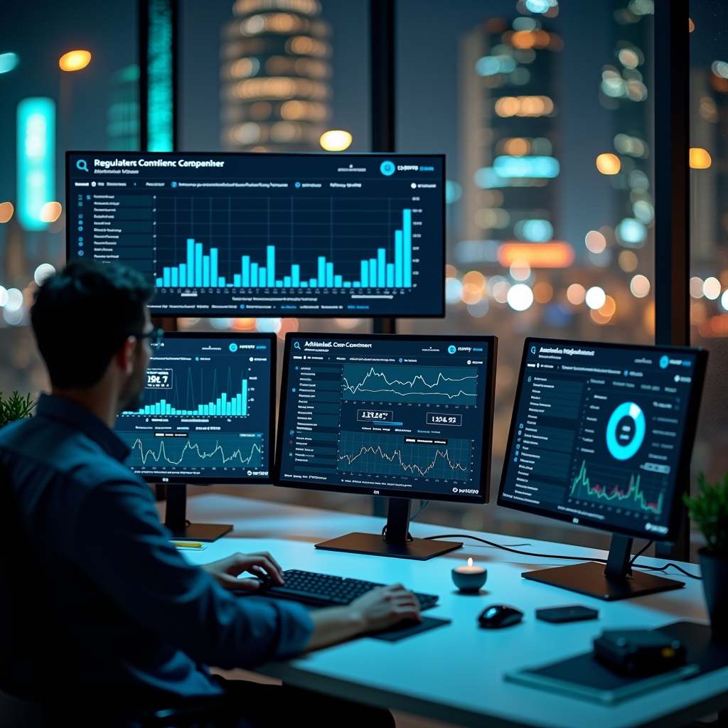 Dashboard di controllo normativo che mostra grafici e metriche di conformità per sistemi di intelligenza artificiale nel settore finanziario, con indicatori di trasparenza algoritmica, protezione dati e supervisione umana su schermi multipli in un ambiente di ufficio moderno