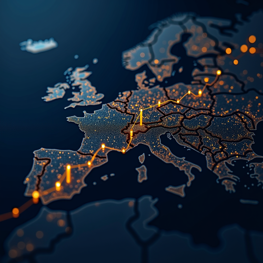 Panoramica del mercato europeo dell'intermediazione finanziaria nel quarto trimestre 2025, mostrando grafici di performance, tendenze di mercato e indicatori chiave di settore con elementi visivi professionali in tonalità blu navy e oro