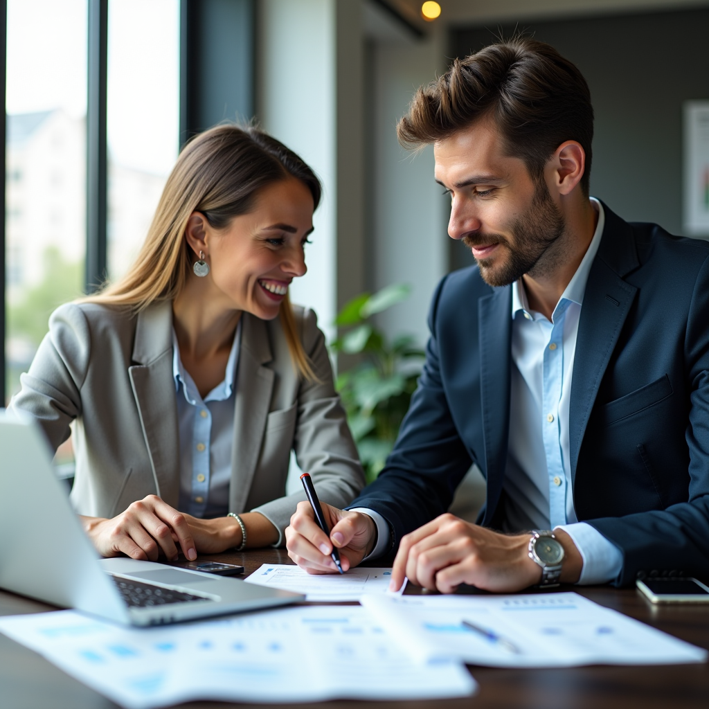 Consulente finanziario professionale che lavora con un cliente in un ufficio moderno e luminoso, con documenti finanziari e laptop sul tavolo, atmosfera professionale e rassicurante