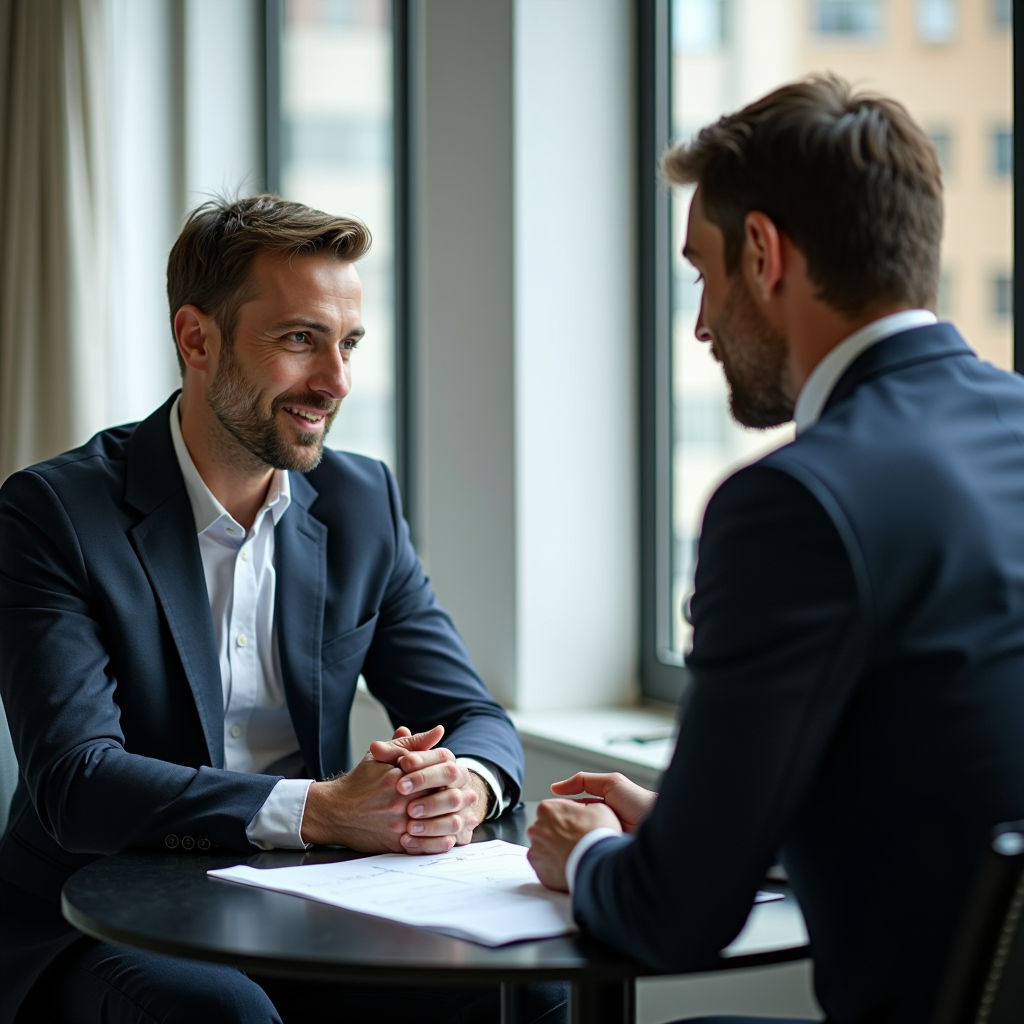 Consulente finanziario professionale che esamina un portafoglio di investimenti diversificato con un cliente in un ambiente d'ufficio moderno