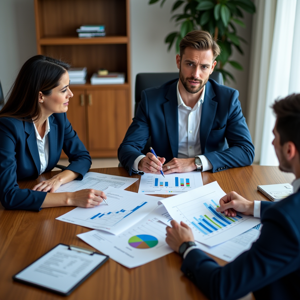 Consulente finanziario professionale che incontra un cliente in un ufficio moderno, esaminando documenti di pianificazione finanziaria dettagliati, grafici di investimento e strategie di risparmio su un tavolo elegante