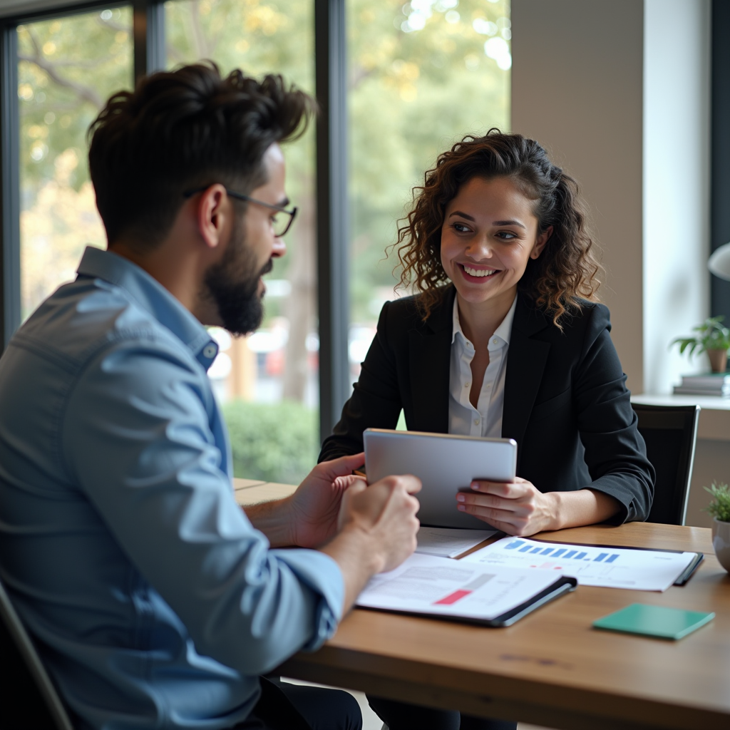 Professional financial advisor consulting with client in modern office, reviewing personalized financing documents and digital financial planning tools on tablet