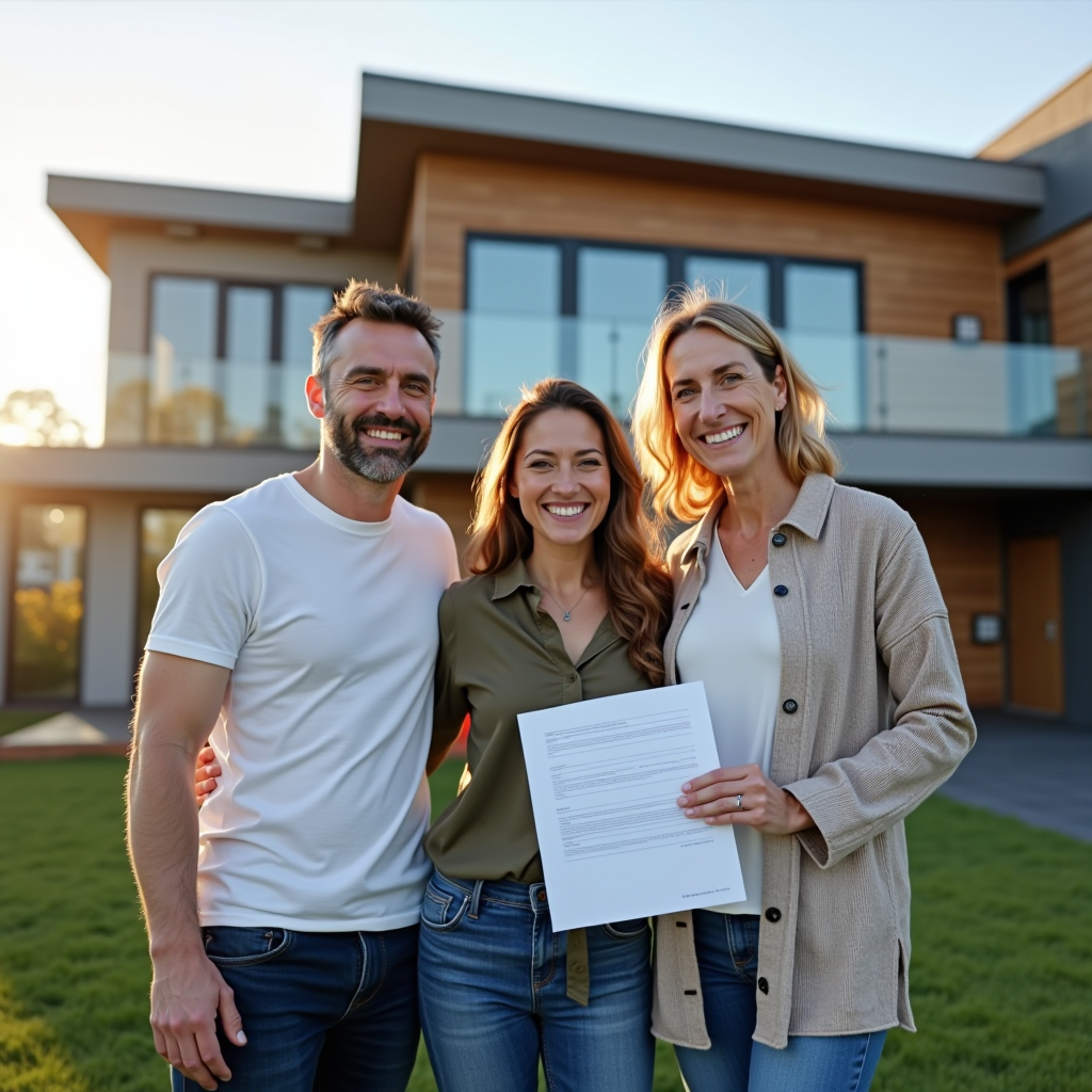 Happy family standing in front of their new home with financial advisor holding documents, modern residential property with beautiful architecture in background