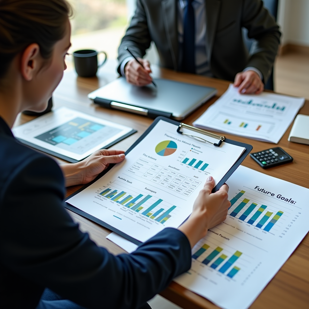 Certified financial planner working with client on comprehensive financial plan, retirement planning documents, budget spreadsheets, and future goals timeline displayed